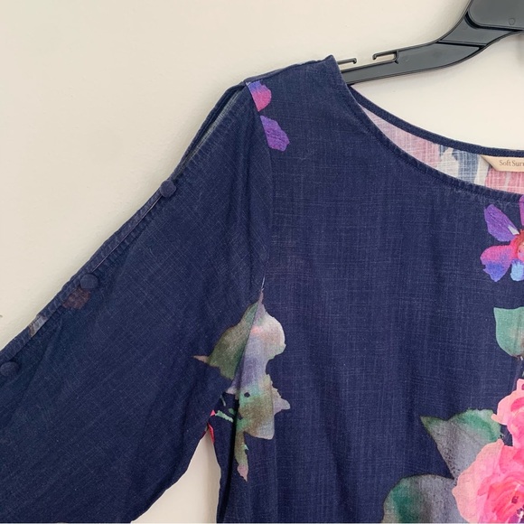Soft Surroundings Watercolor Floral Print Linen Blend Button Sleeve Blouse Small - Picture 2 of 9